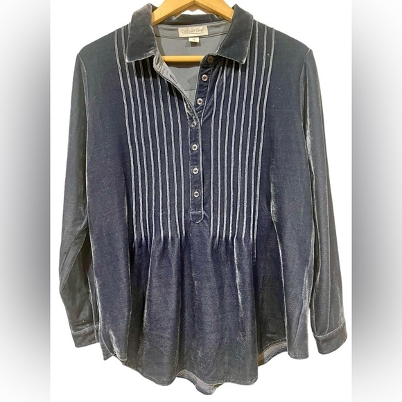 Coldwater Creek Smoke Navy Blue Pintuck Bal-Collar Top Long Sleeve Tunic Sz PM - Picture 2 of 9